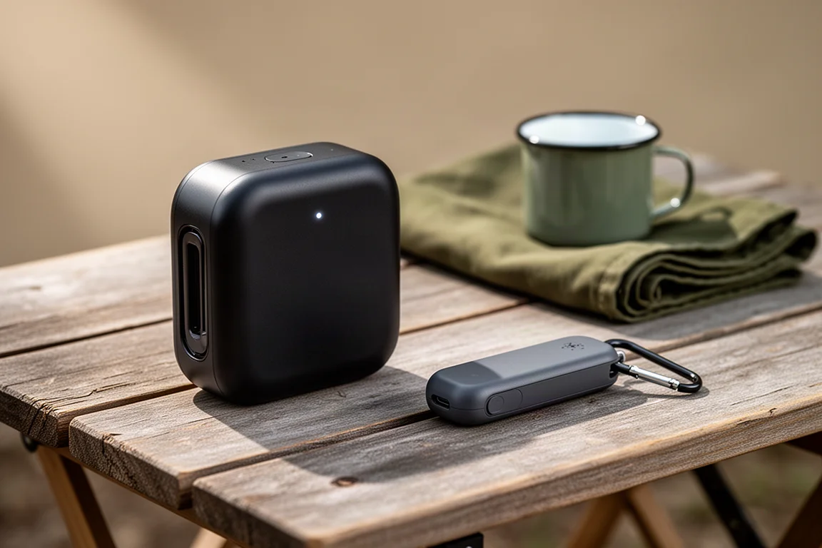 Due repellenti elettronici per zanzare Flextailgear su un tavolo da campeggio in legno