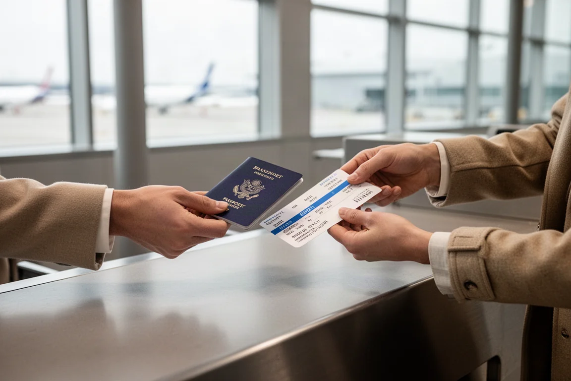 Voyageur remettant un passeport et une carte d'embarquement au comptoir d'enregistrement d'un aéroport