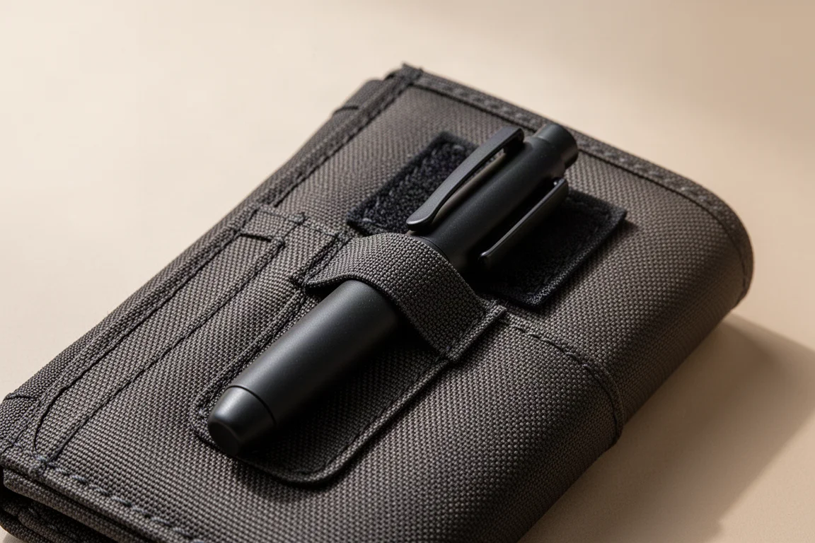 Stylo compact rétractable glissé dans une pochette à stylo en tissu d'un portefeuille