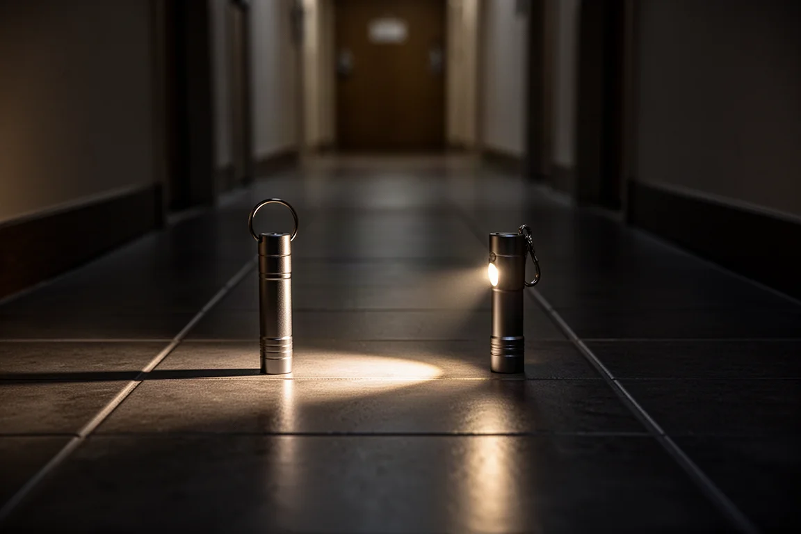 Kleine zaklamp die een warme lichtbundel over de vloer van een donkere hotelkamer werpt