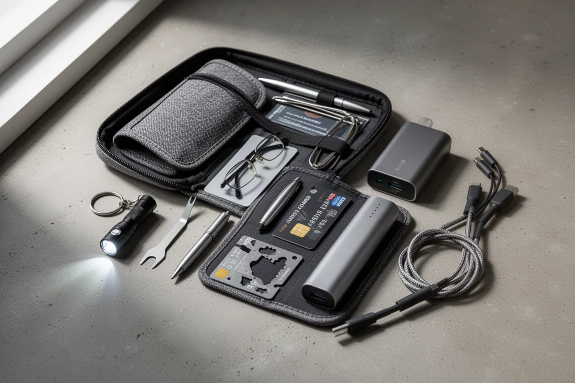 Vista dall'alto di un kit di essenziali da viaggio compatto con pochette, torcia, multiuso a forma di carta, occhiali, penna e power bank