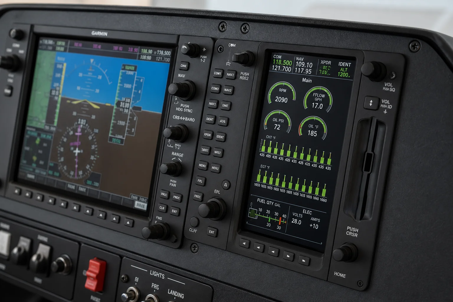 Cabina de simulador de vuelo doméstico profesional con palanca de mando, aviónica, controles de aceleración y tres monitores