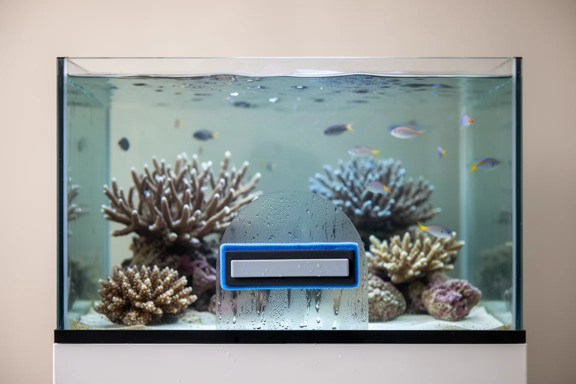 Reef aquarium seen through the front glass with a magnetic cleaner resting inside