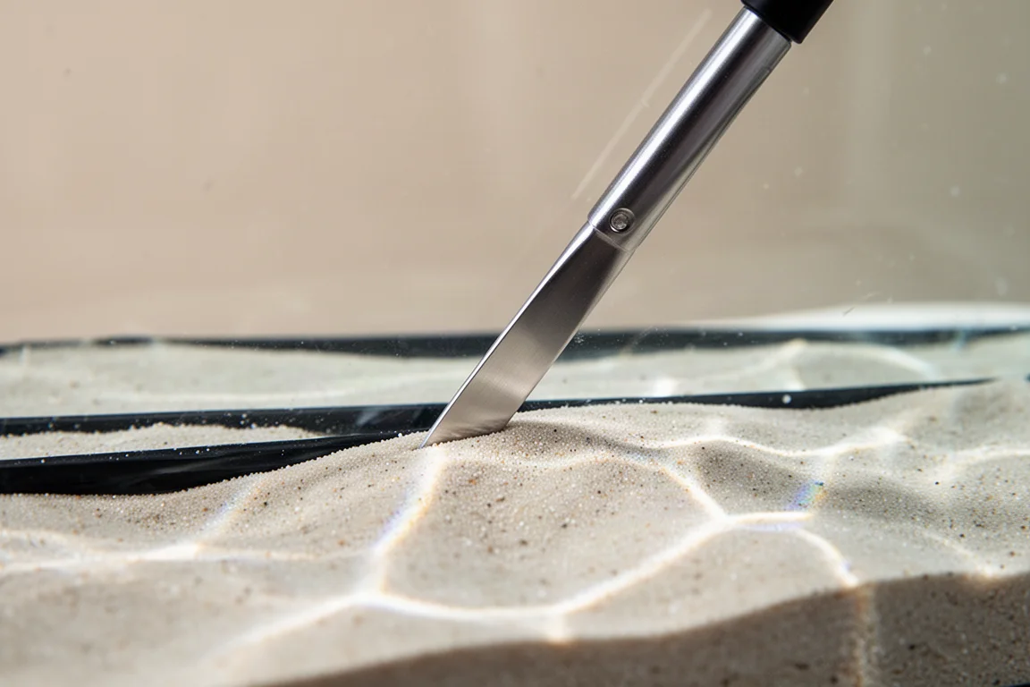 Close-up of a magnetic cleaner scraper blade meeting a sand bed inside an aquarium