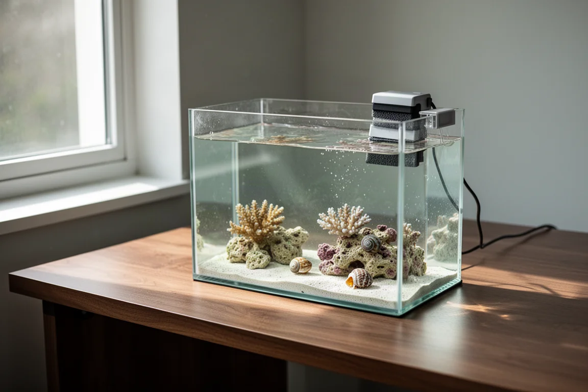 Compact nano aquarium on a wooden desk with a small magnetic cleaner on the rim