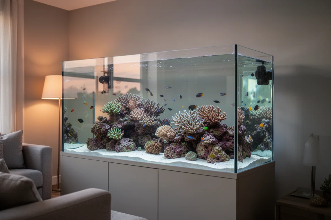 Large reef aquarium with a clear front panel in a softly lit minimal living room