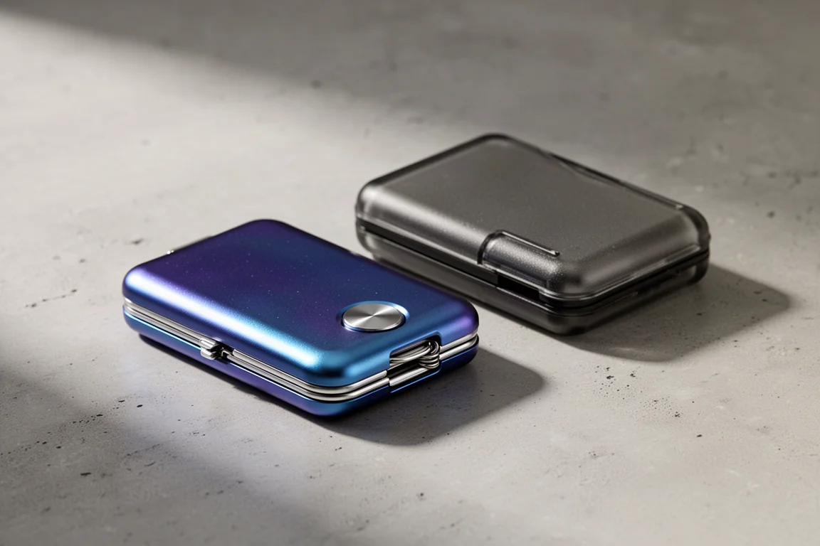 Zwei Klappbörsen nebeneinander, eine mit Aluminiumfront und eine aus Polycarbonat