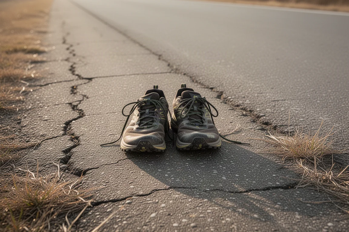 Trail running shoes resting on a wet boardwalk plank with scrub behind