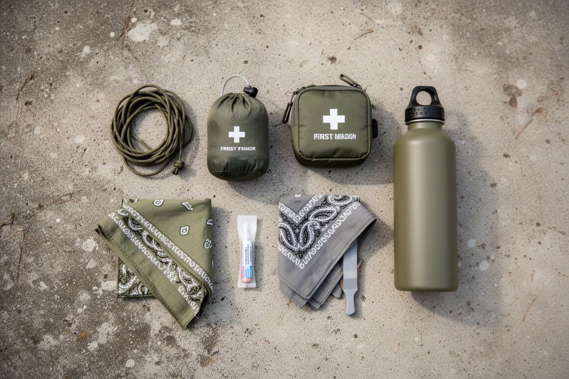 Loaded backpack leaning against a trail marker on an open grassy levee