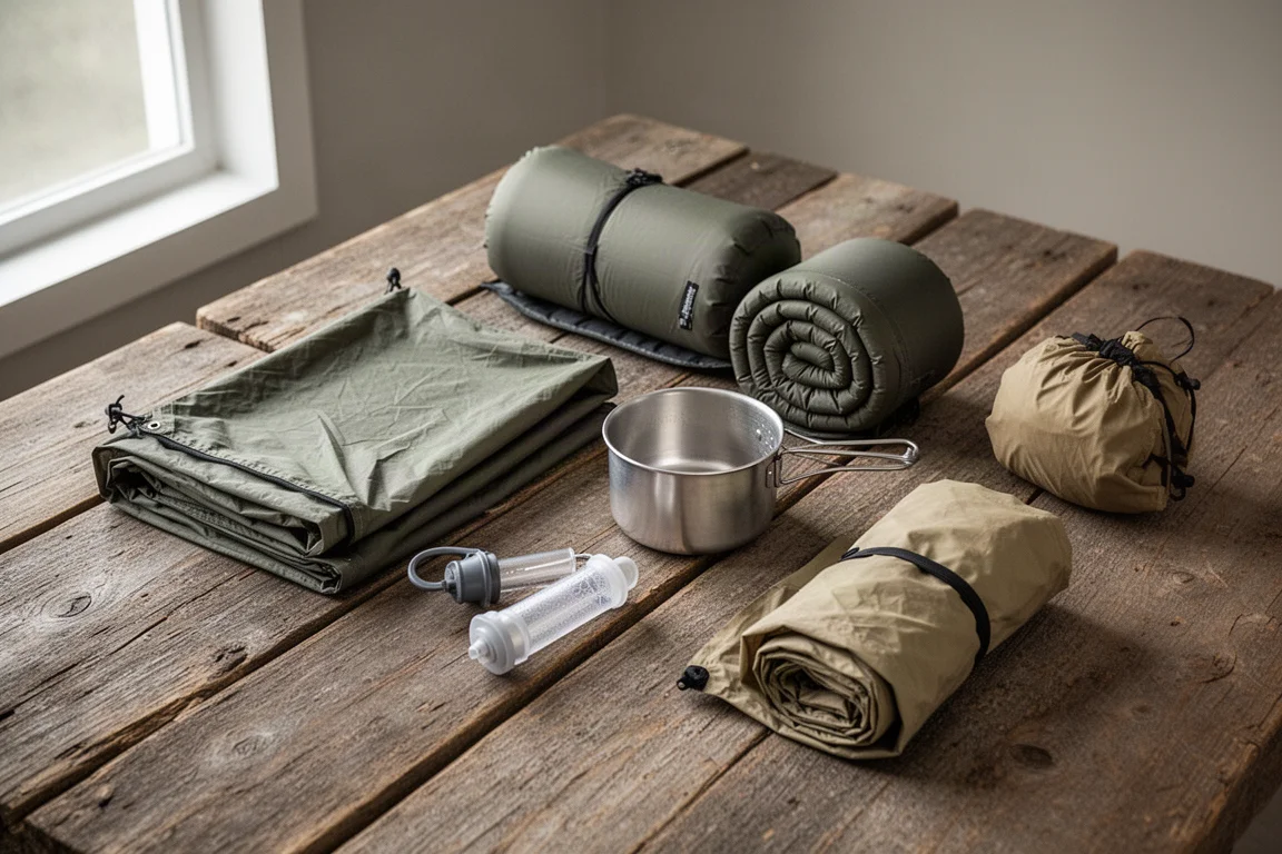 Ultralight backpacking gear arranged on a concrete surface for a thru-hike gear guide