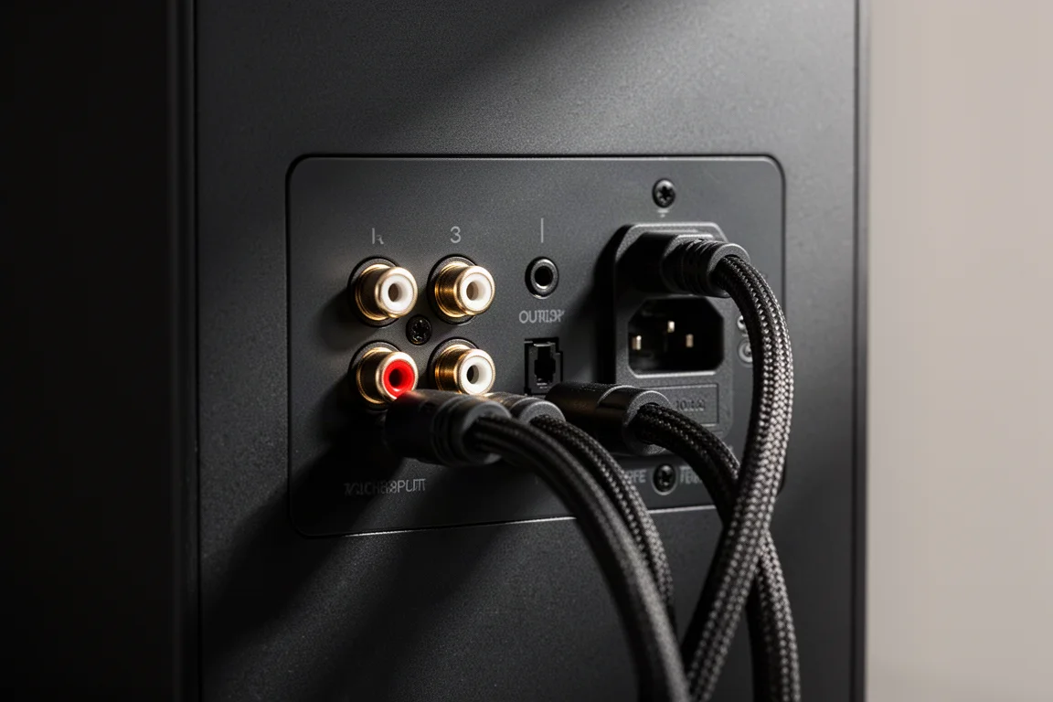 Närbild på högtalarens bakpanel med RCA-uttag, optisk ingång och strömintag
