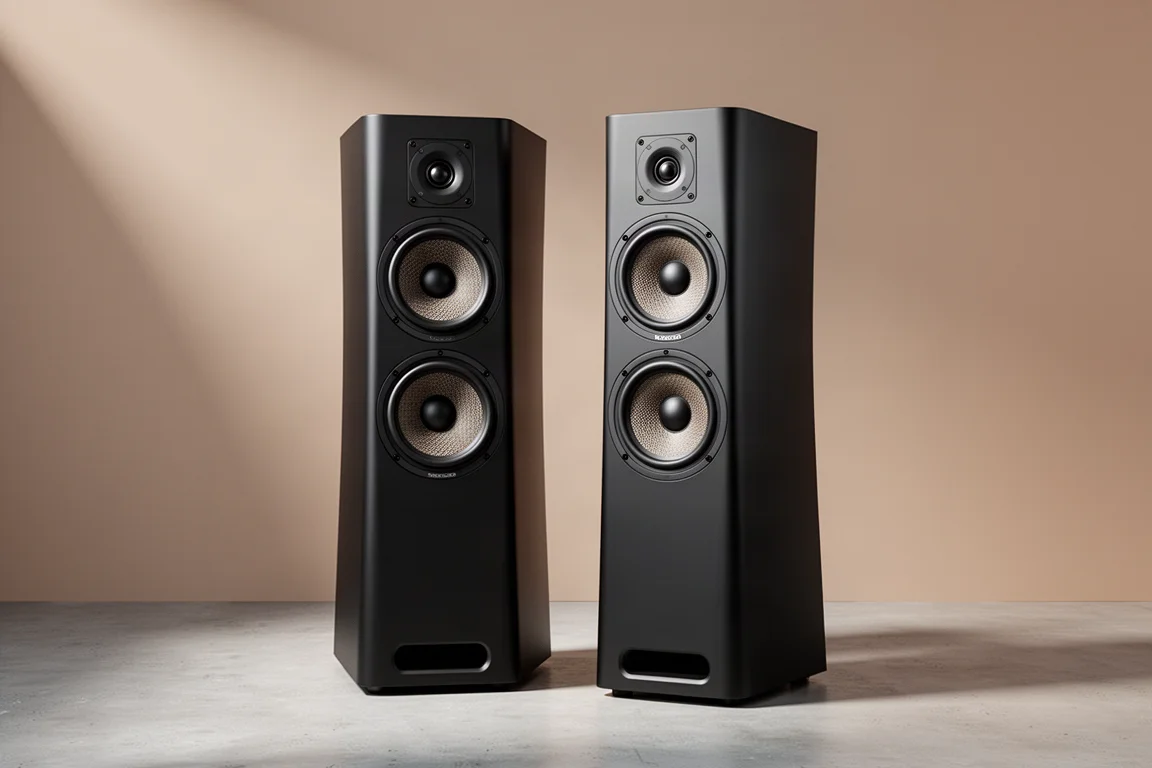 Pair of black powered floorstanding speakers with dual woofers on a concrete floor