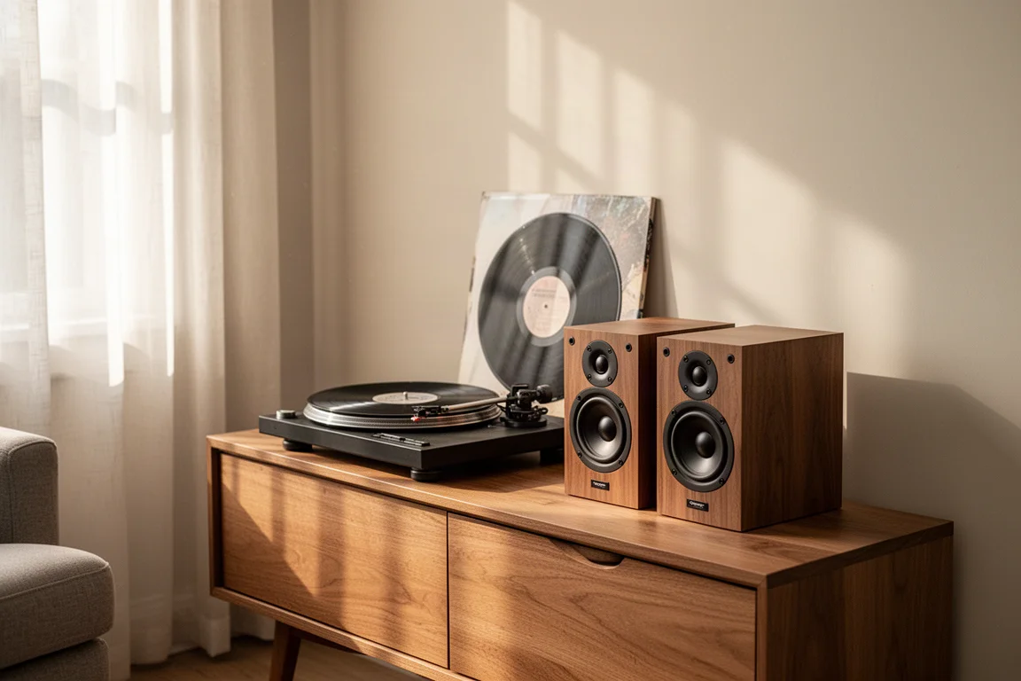 Tocadiscos y altavoces de estantería amplificados sobre un aparador de madera en un salón luminoso