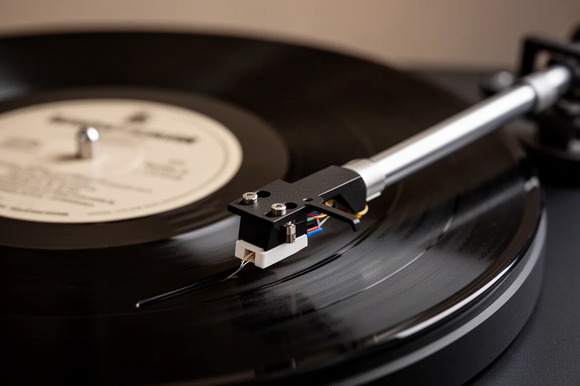 Primer plano de un brazo y una aguja en la ranura final de un disco de vinilo