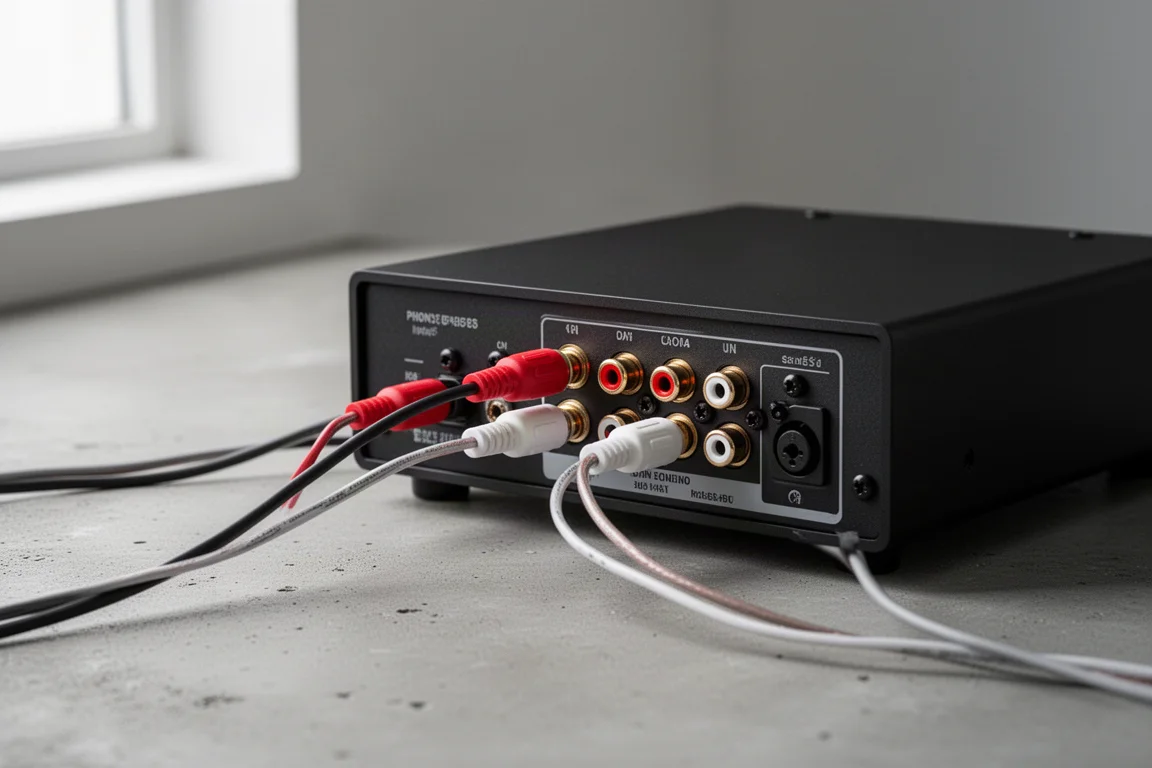 Panel trasero de un componente de alta fidelidad con cables RCA y cable de altavoz conectados