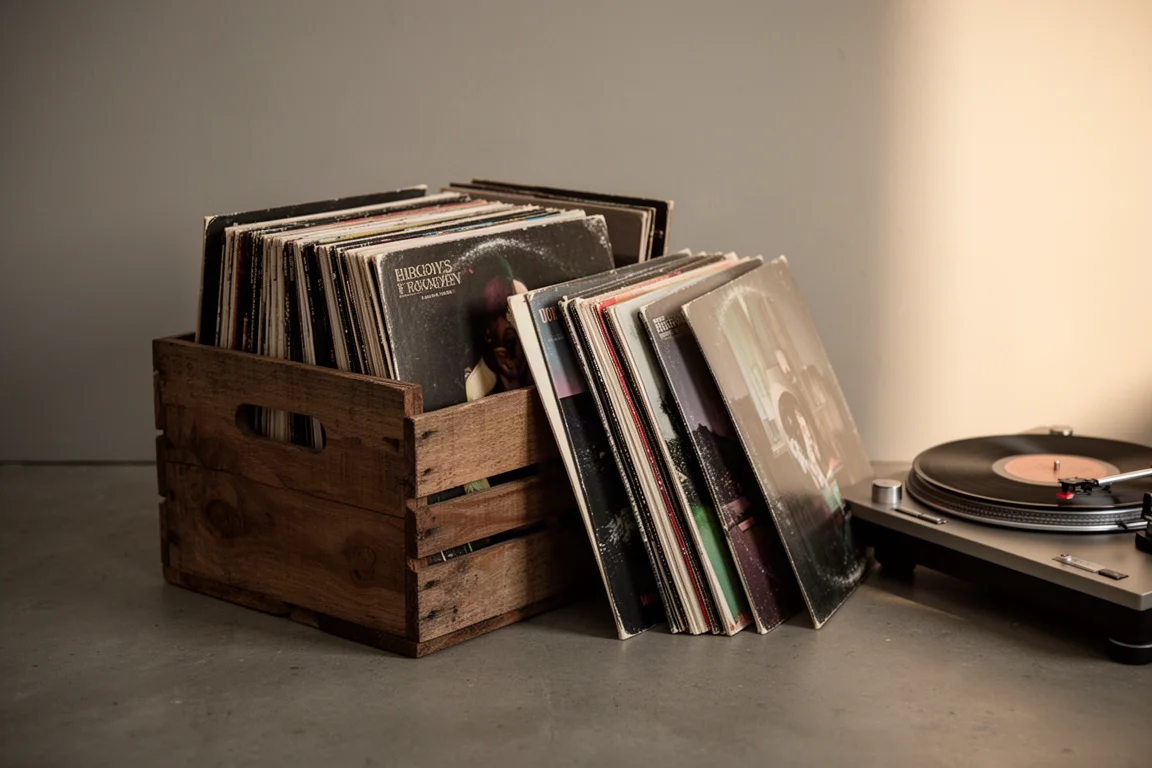 Caja de madera con discos de vinilo junto a un tocadiscos sobre un suelo de hormigón