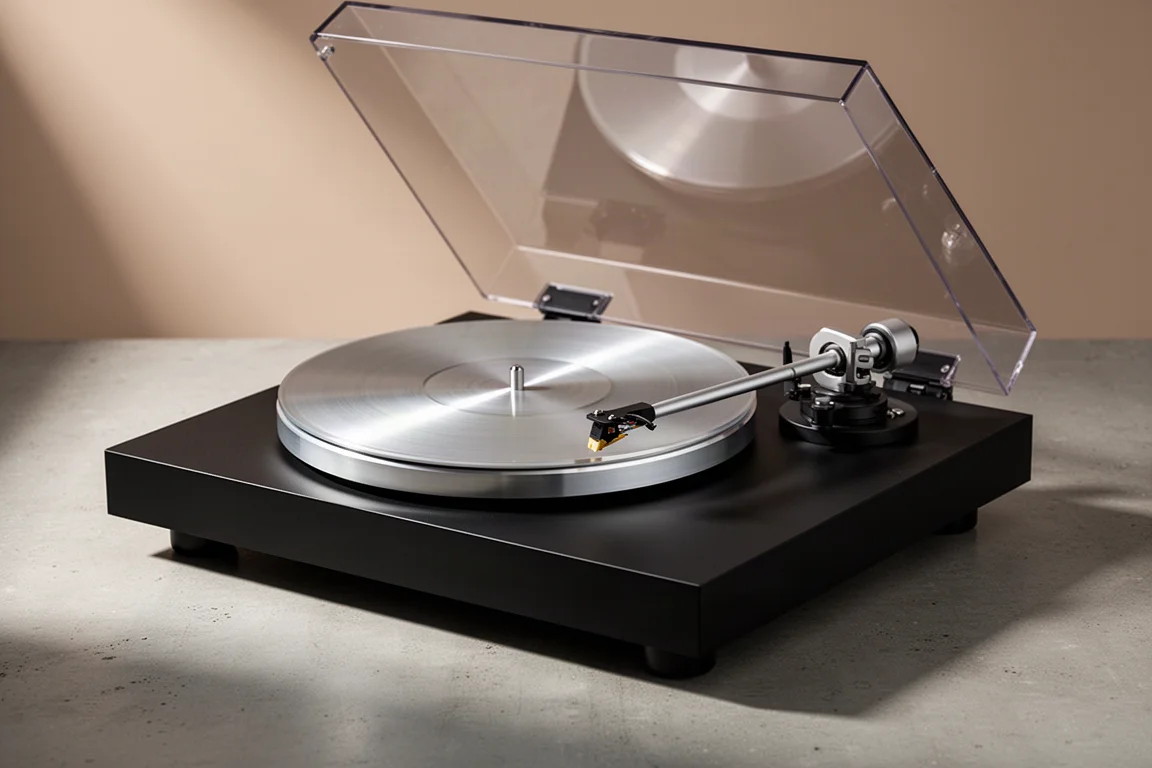 Belt-drive turntable with matte black plinth and silver platter on a concrete surface