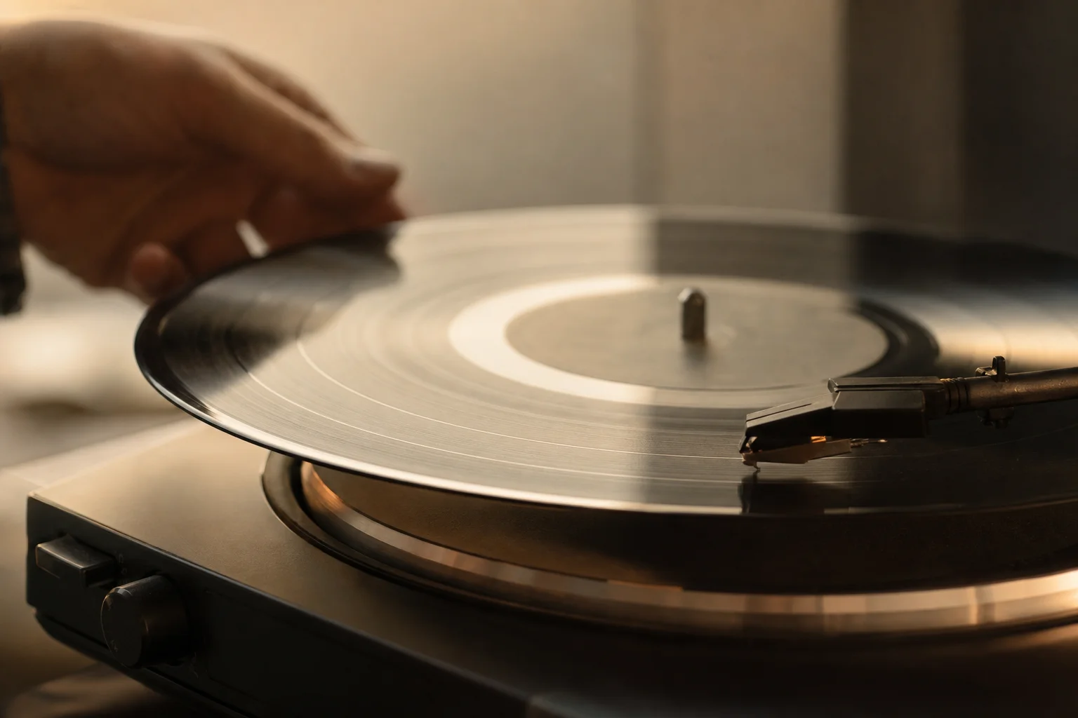 Vinyl record dropping onto turntable platter with needle approaching groove