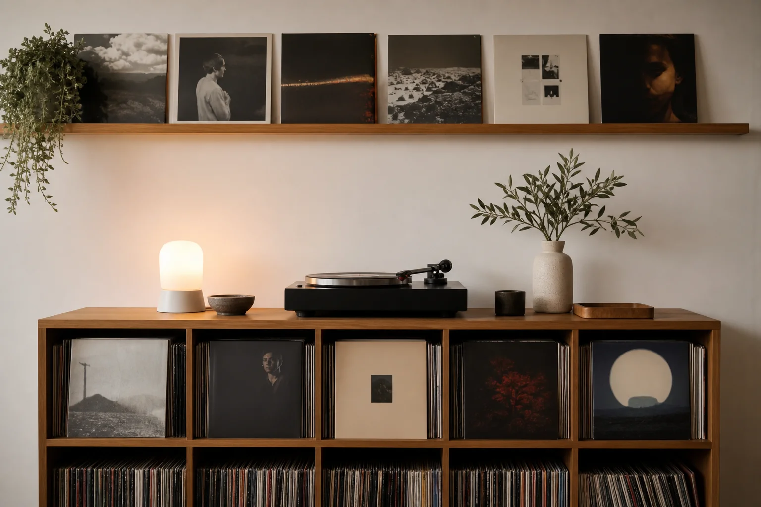 Vinyl collection displayed with album sleeves and turntable