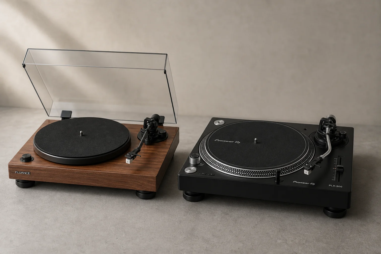 I giradischi Fluance RT82 e Pioneer DJ PLX-500 affiancati su una superficie in cemento