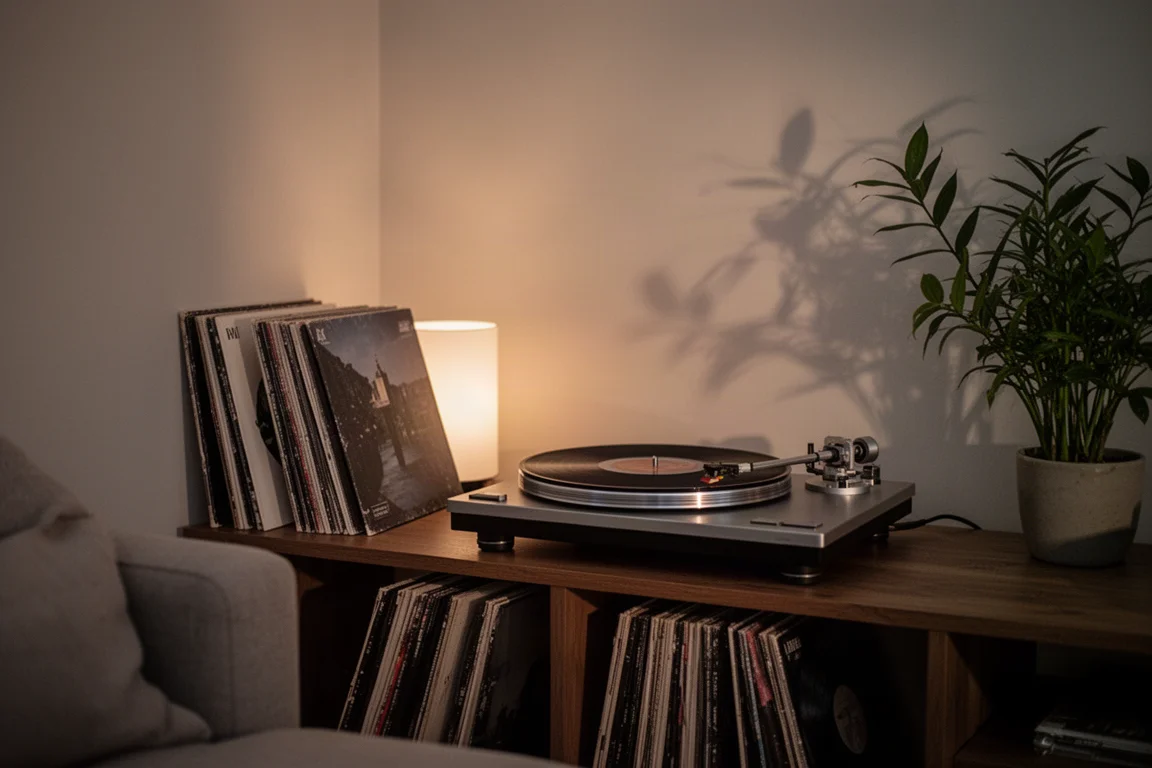 Living room corner at dusk with a spinning turntable on a low wooden shelf
