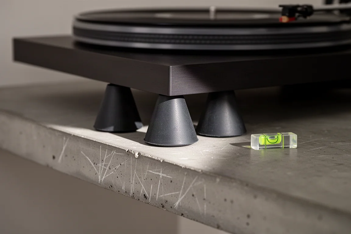 Macro detail of conical rubber turntable feet under a dark plinth on concrete