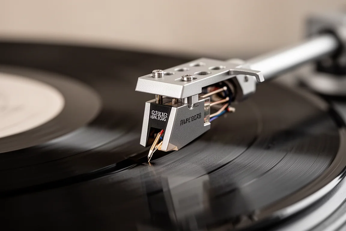 Close-up of a phono cartridge stylus lowered into the groove of a vinyl record