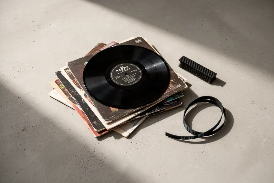 Overhead flat-lay of vinyl records, a record brush, and a spare turntable belt