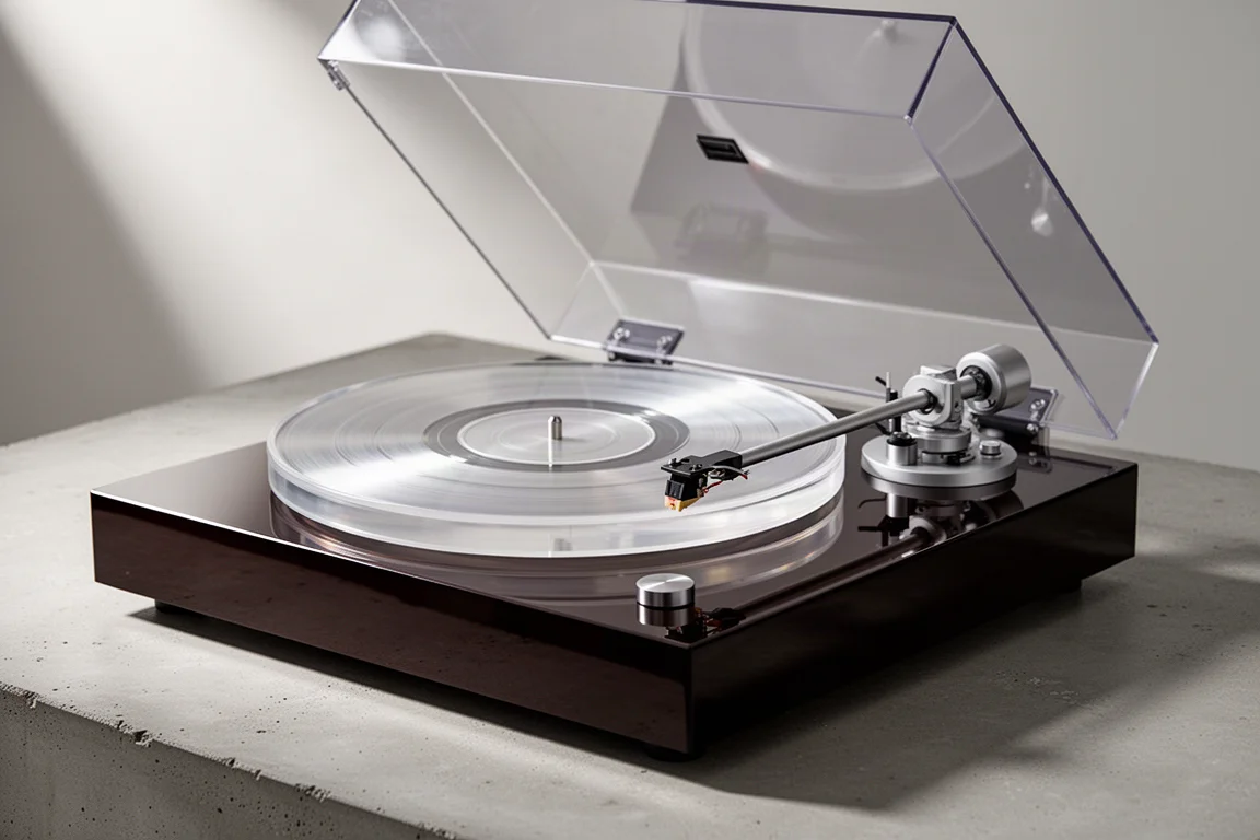 Belt-drive turntable with clear acrylic platter and S-shaped tonearm on concrete