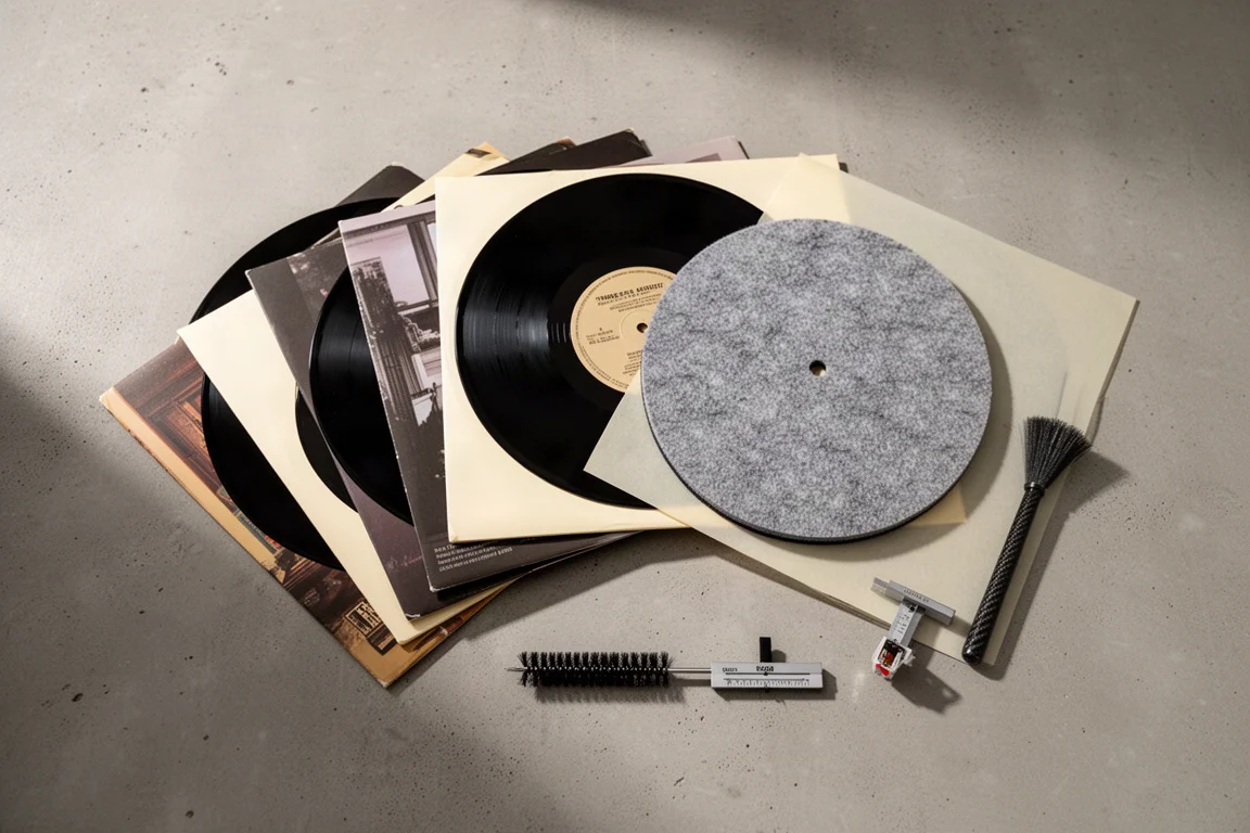 Overhead flat-lay of vinyl records, a slipmat and a stylus brush on concrete