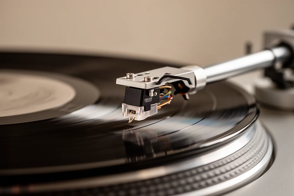 Macro shot of a turntable tonearm and removable headshell above a spinning record