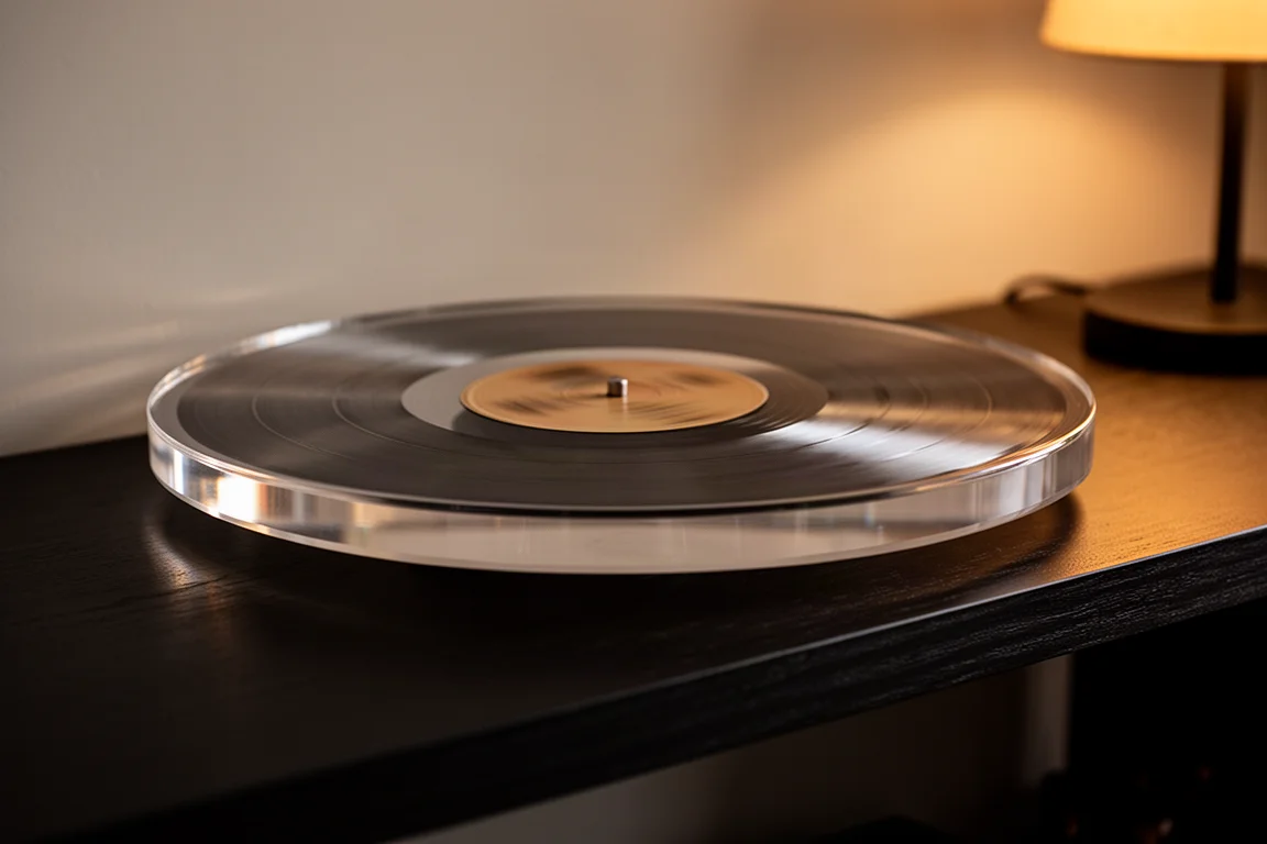 A record spinning on a clear acrylic platter in warm lamp light
