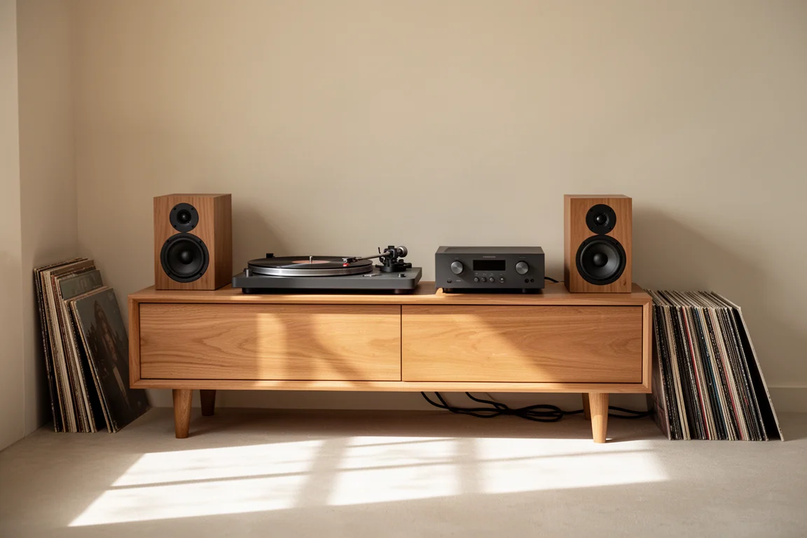 A home listening corner with a turntable, amplifier and bookshelf speakers