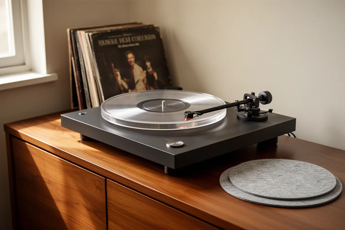 Belt-drive turntable with acrylic platter on a wooden sideboard beside vinyl records