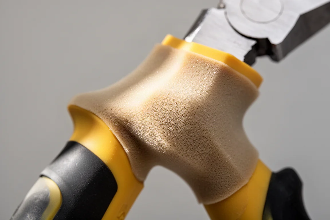 Close-up of the soft layered insulated grip material on lineman pliers