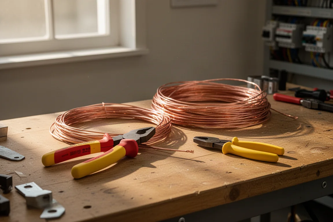 Electrician holding insulated pliers in a workshop setting