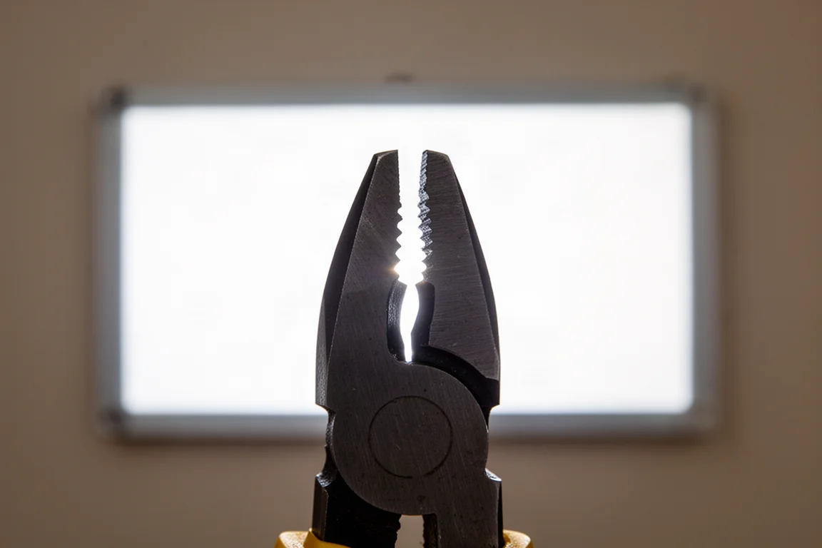 Flat light shining through the gap between closed plier jaws