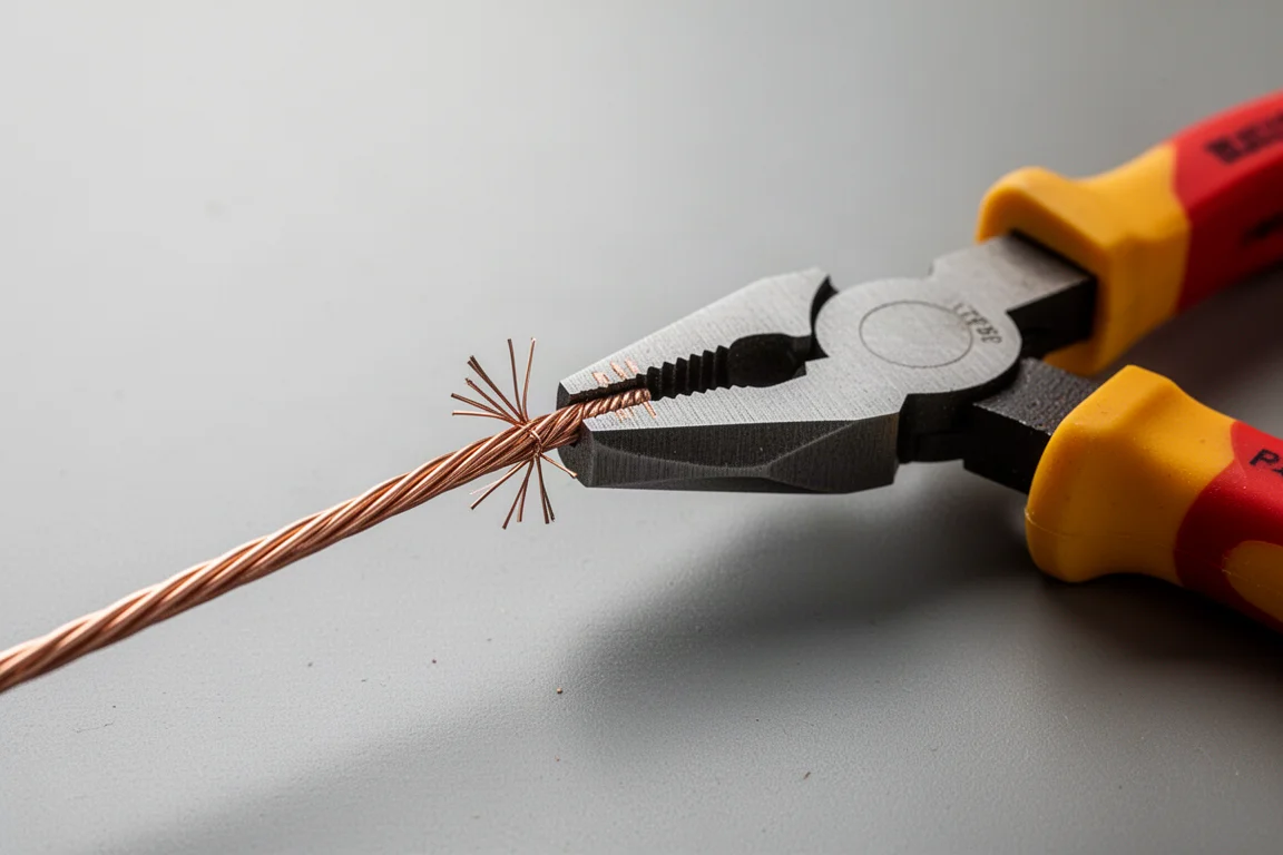Stranded copper wire partially cut with a scored nick at the cut point