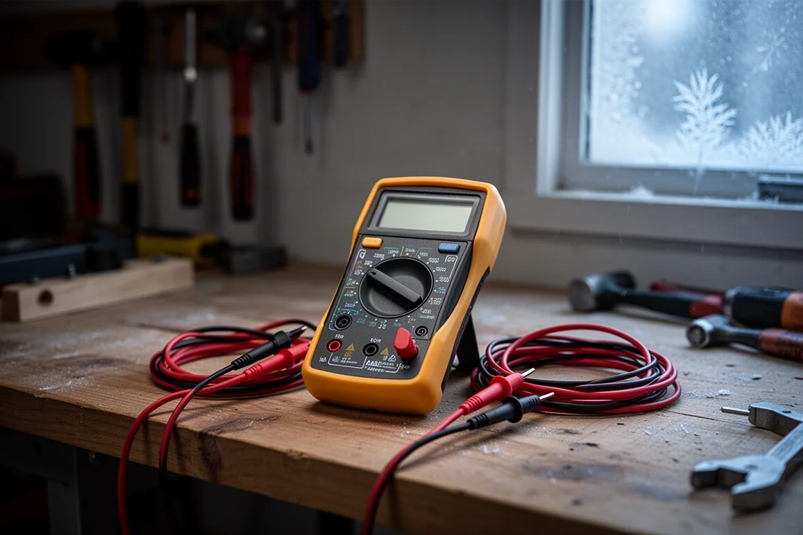 Bryggmultimeter med upprullade testledningar i en kall verkstad
