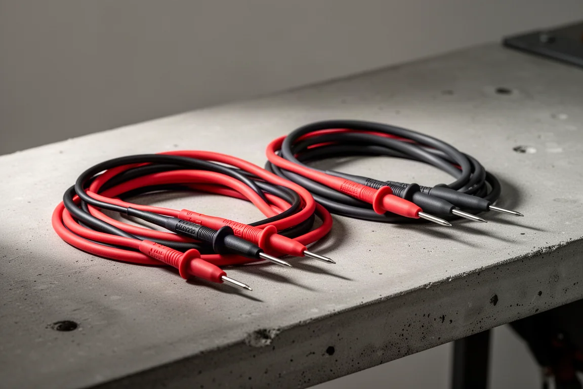 Stiff PVC test leads and flexible silicone test leads side by side on a concrete workbench