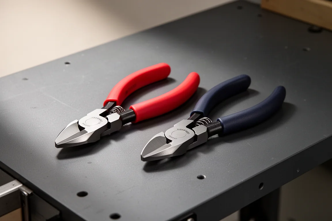Two pairs of flush cutters side by side on a dark workbench