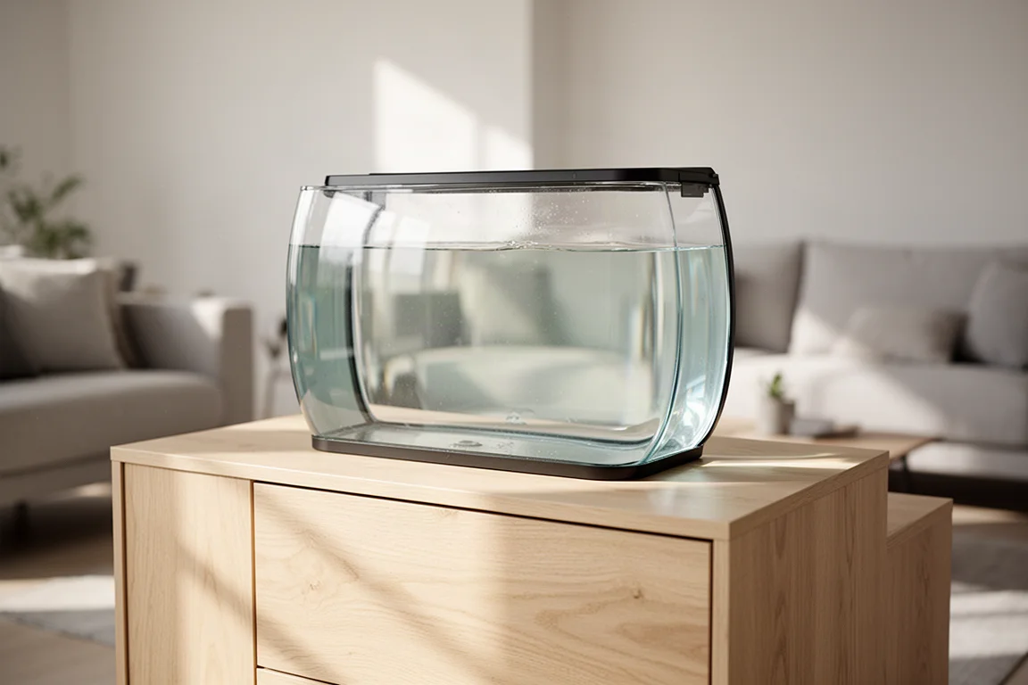 Aquarium en verre courbé posé sur un buffet en bois dans un salon lumineux