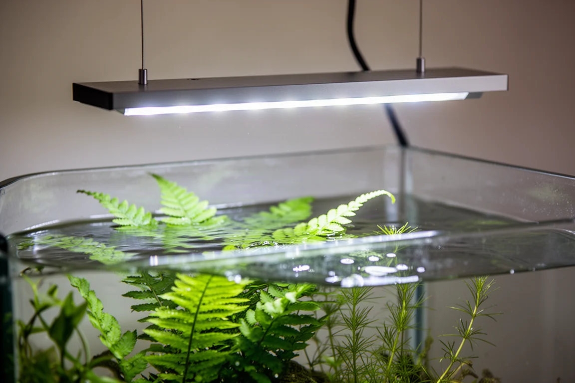 Bandeau LED fin éclairant des plantes aquatiques à l'intérieur d'un aquarium en verre