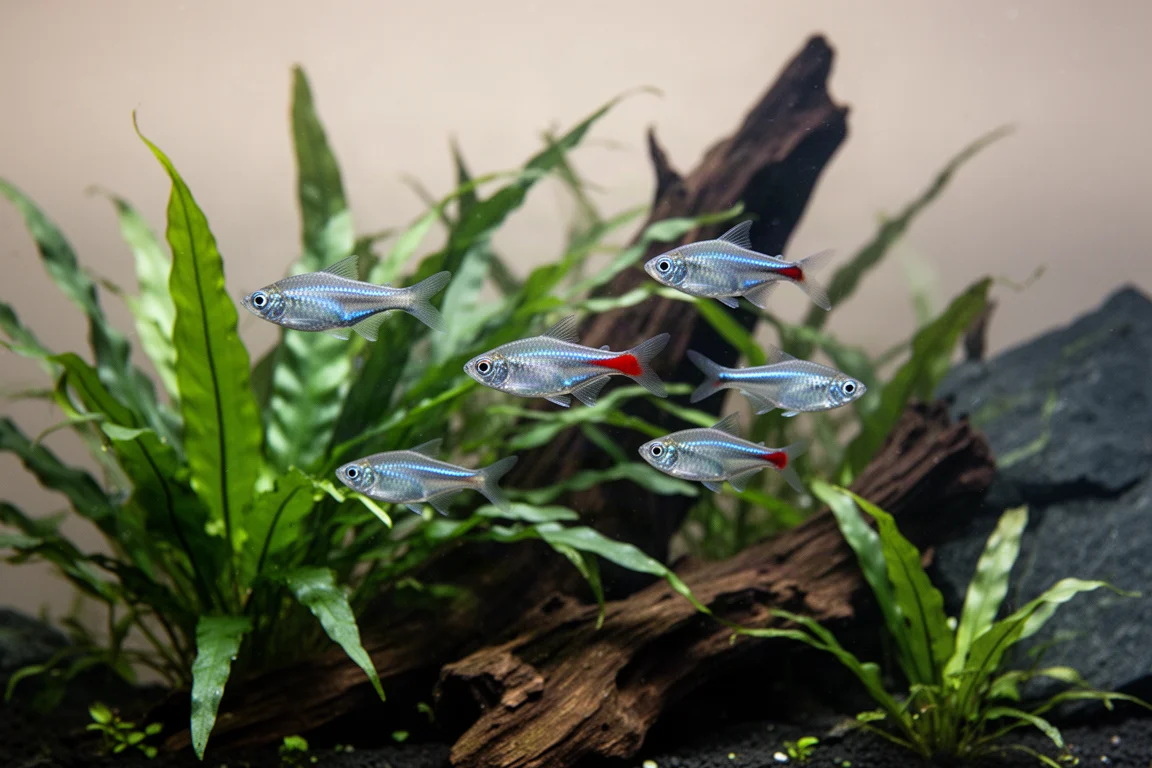 Petit banc de néons tetras nageant parmi des plantes aquatiques vertes