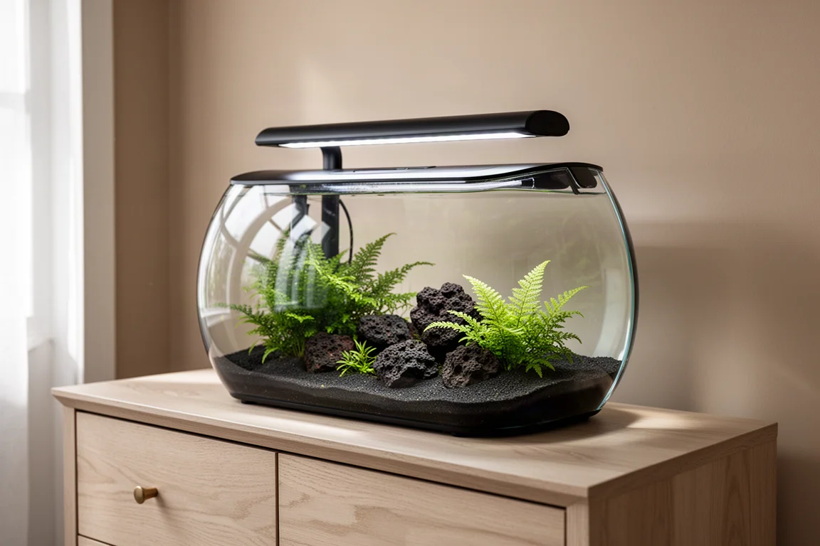 Curved-glass all-in-one aquarium with built-in LED lid and planted scape on a wooden sideboard
