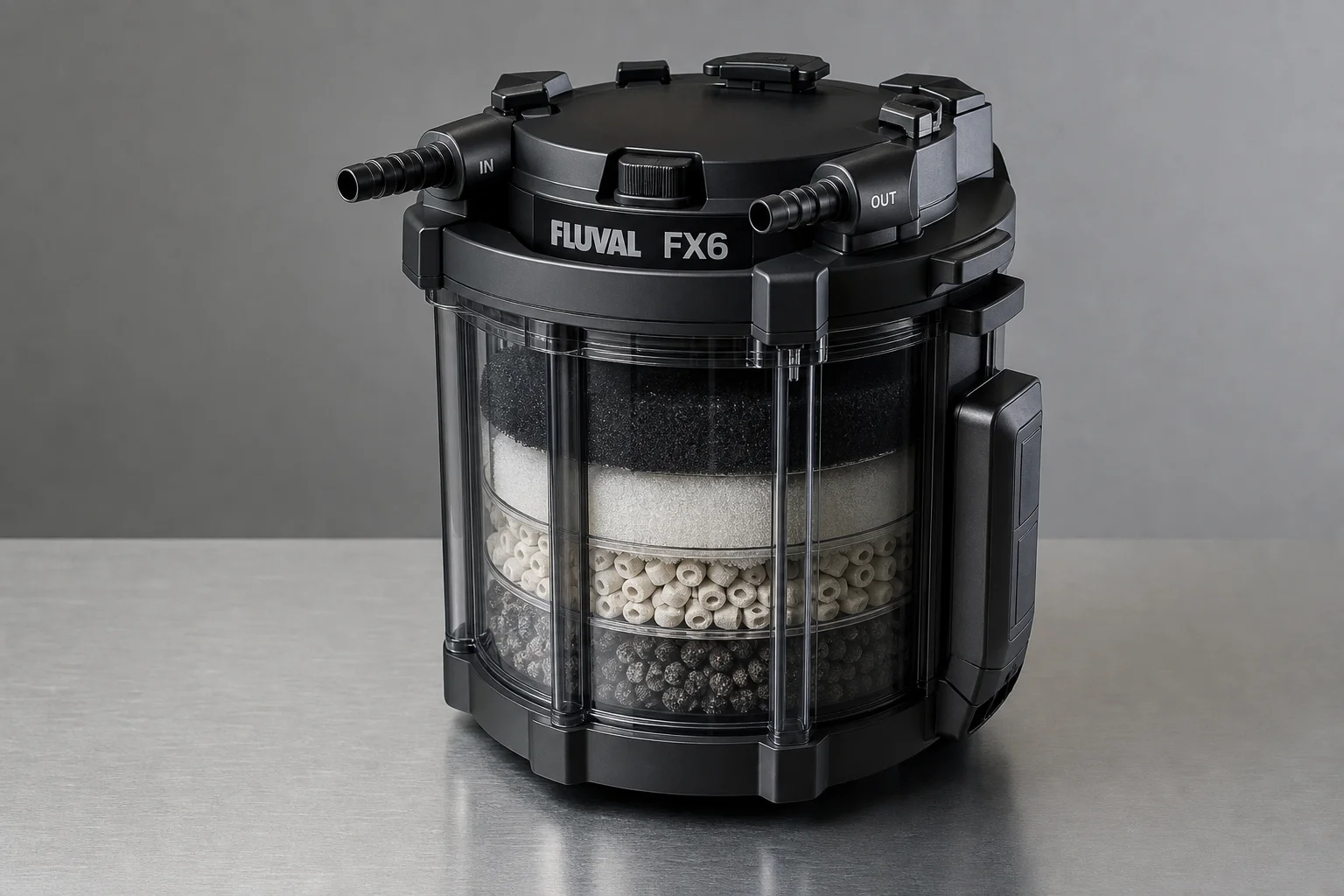 Fluval FX6 ytterfilter med synliga interna filterkorgar på en grå yta