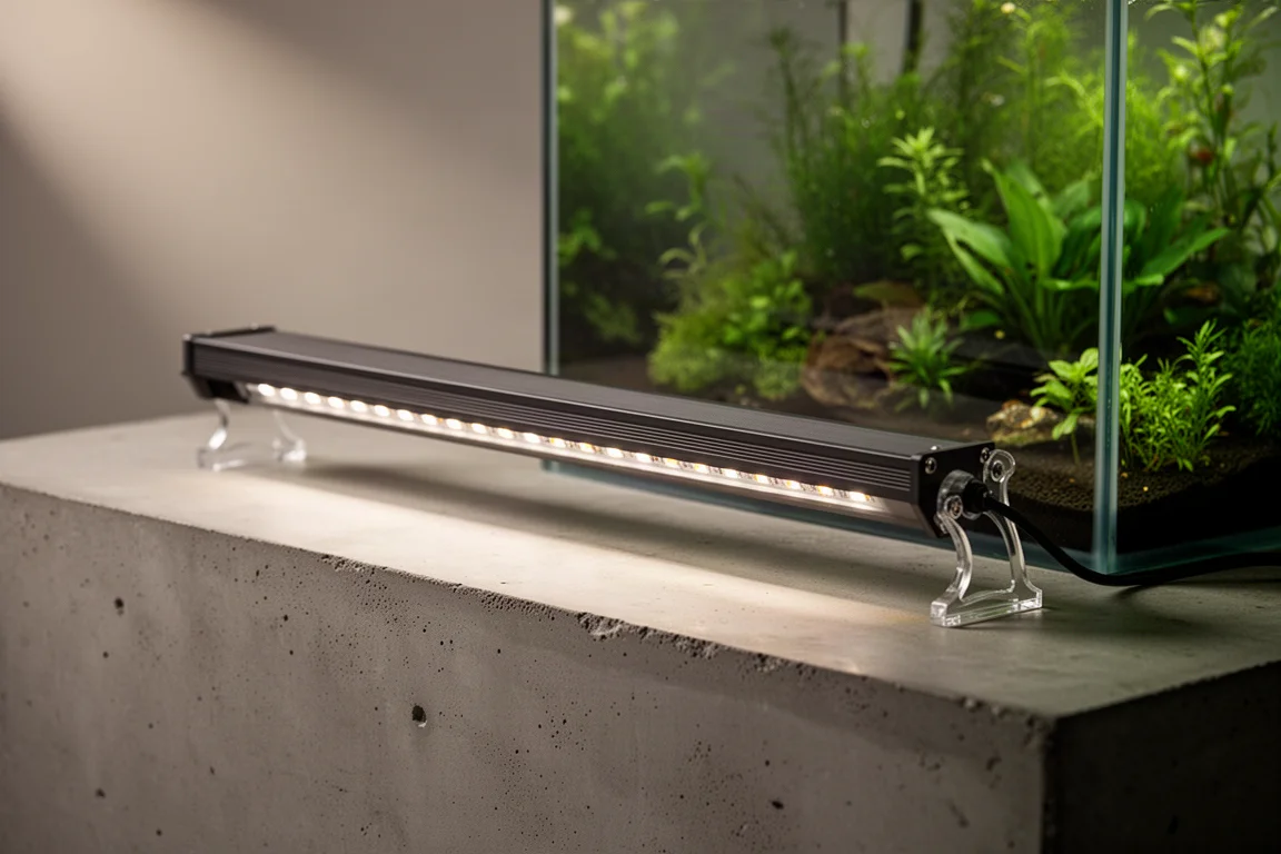 Slanke zwarte LED-lichtbalk voor aquarium, gemonteerd boven een randloos beplant aquarium