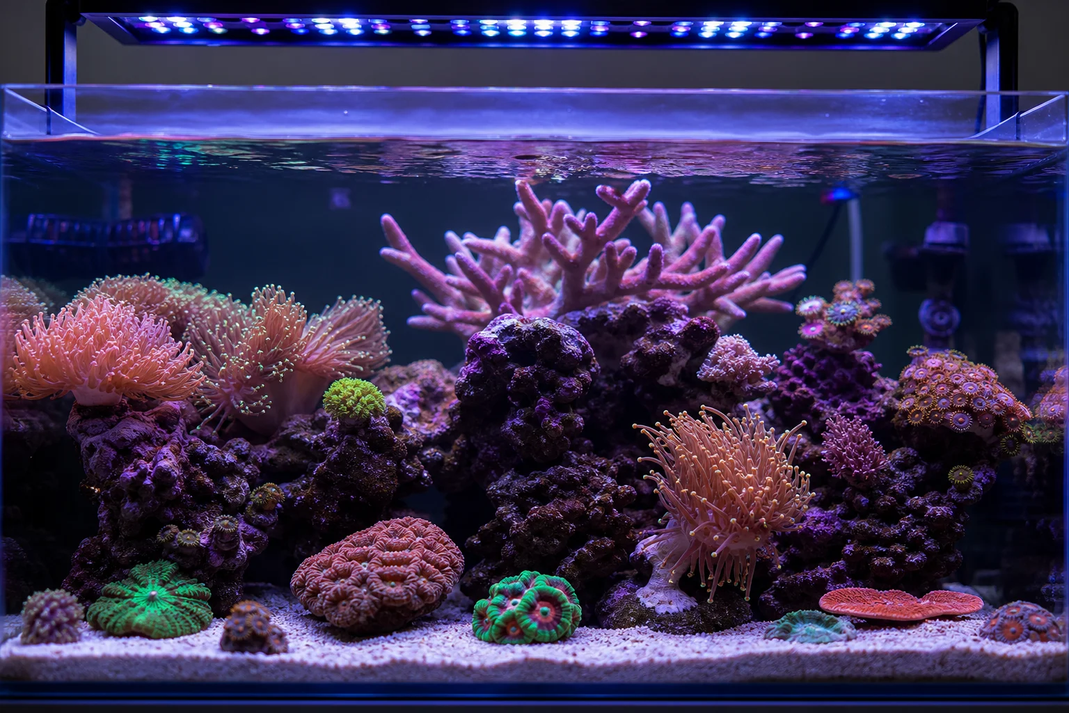 Reef aquarium tank with soft corals, LPS corals, and montipora under LED lighting