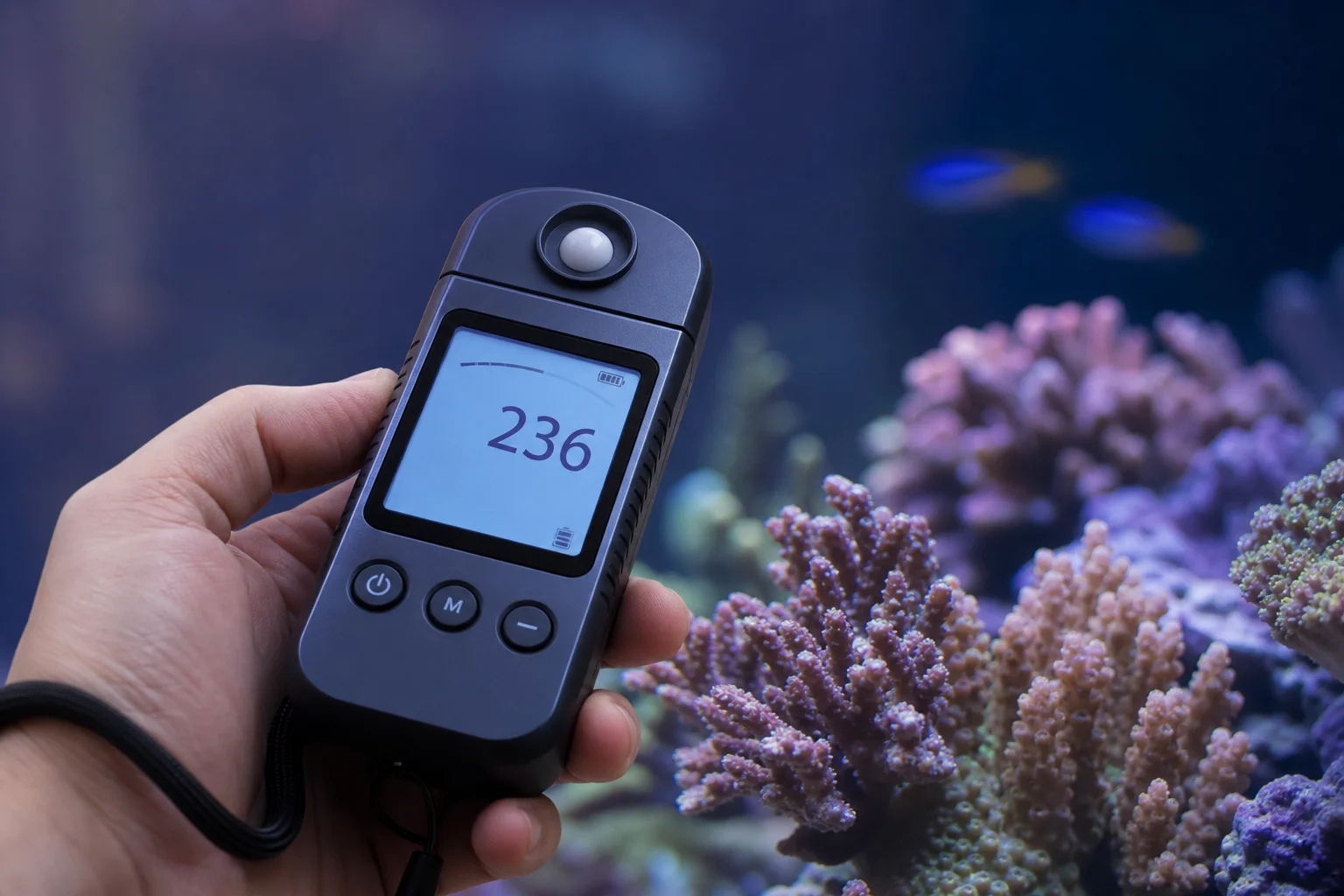 Close-up of PAR meter measurement device near coral in aquarium
