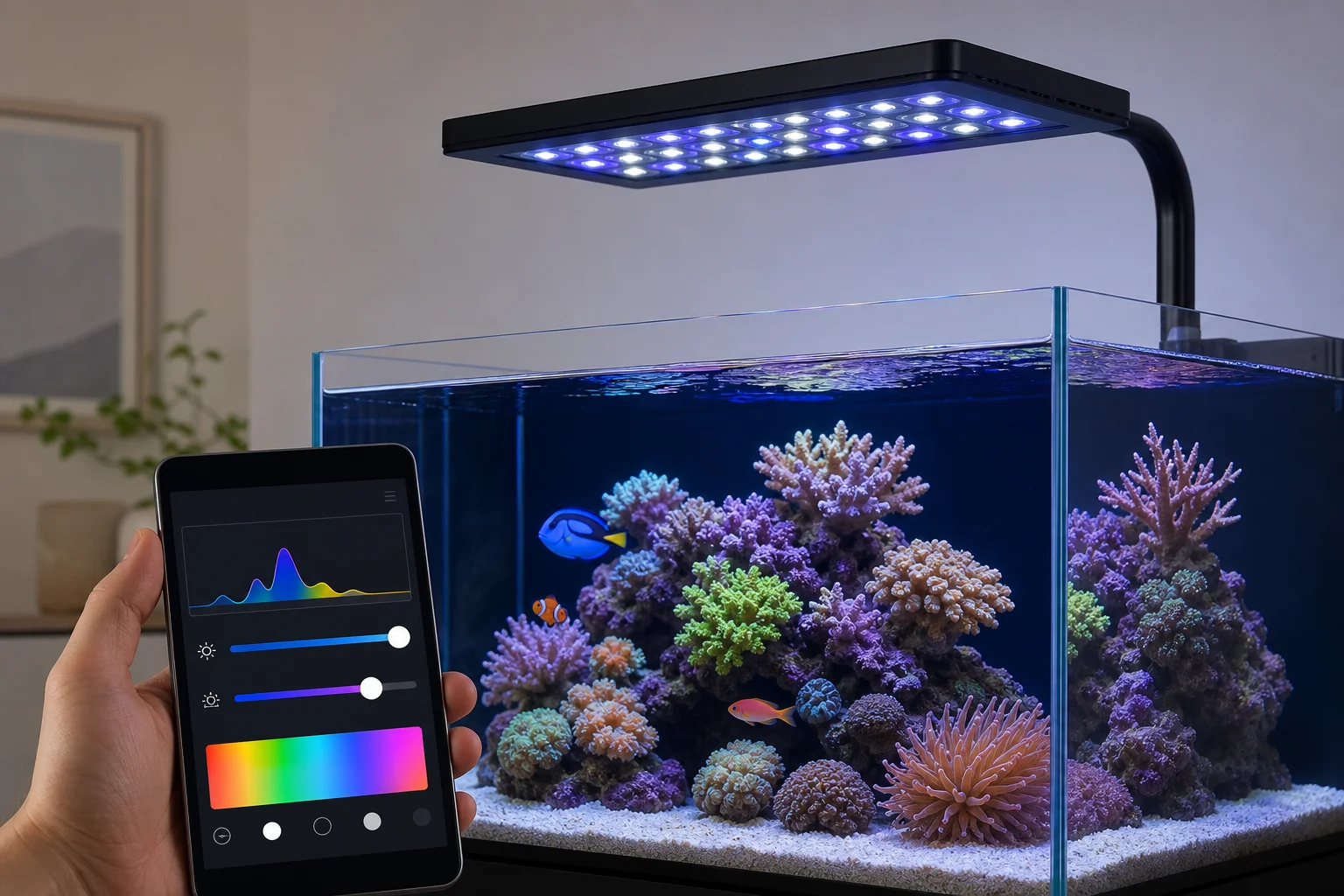 LED aquarium light fixture mounted above a reef tank with control app interface visible